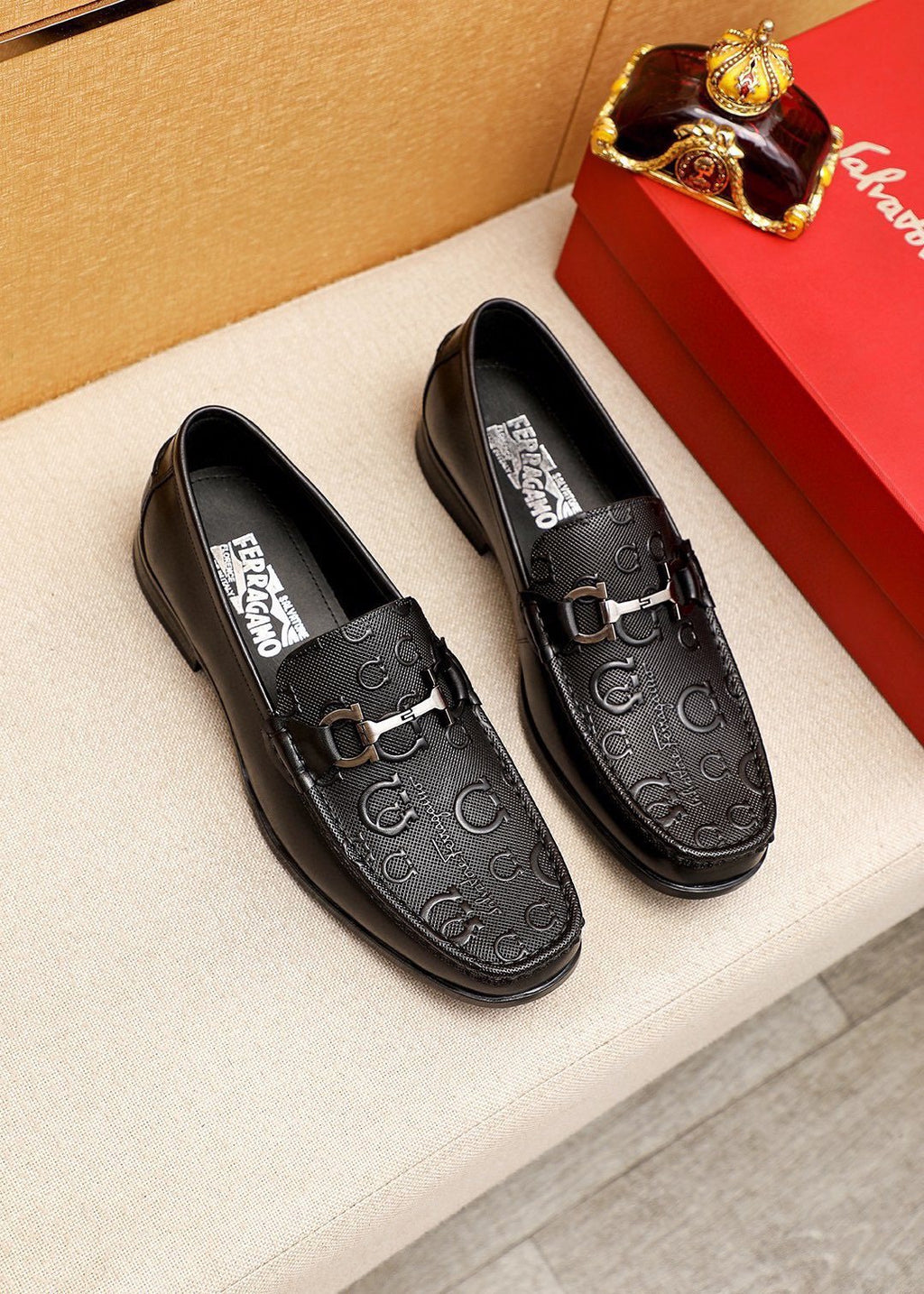 Ferragamo Men's Black Embossed Buckle Loafers - Metal Buckle Detail
