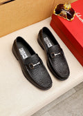 Ferragamo Men's Black Embossed Buckle Loafers - Metal Buckle Detail