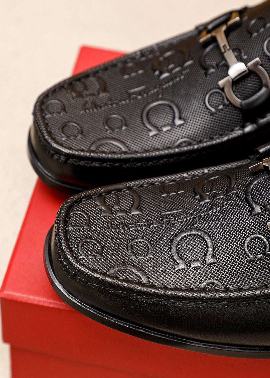Ferragamo Men's Black Embossed Buckle Loafers - Metal Buckle Detail