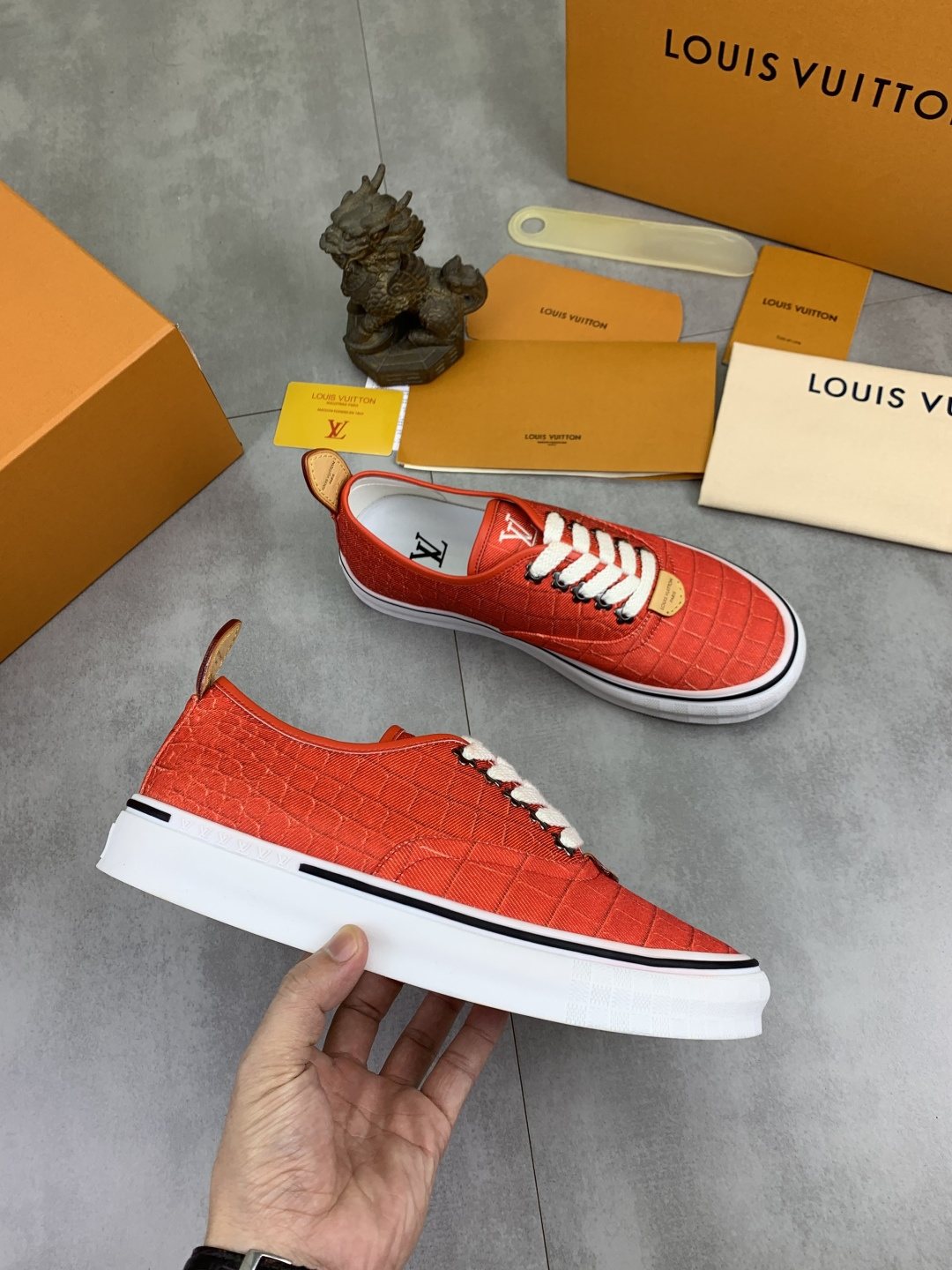 Louis Vuitton Coral Red Textured Low-Top Sneakers