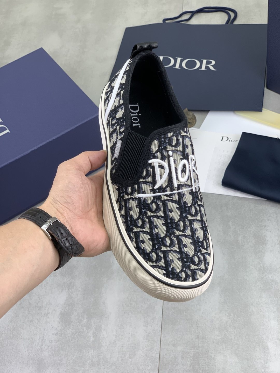 Dior Navy Pattern Slip-On Sneakers