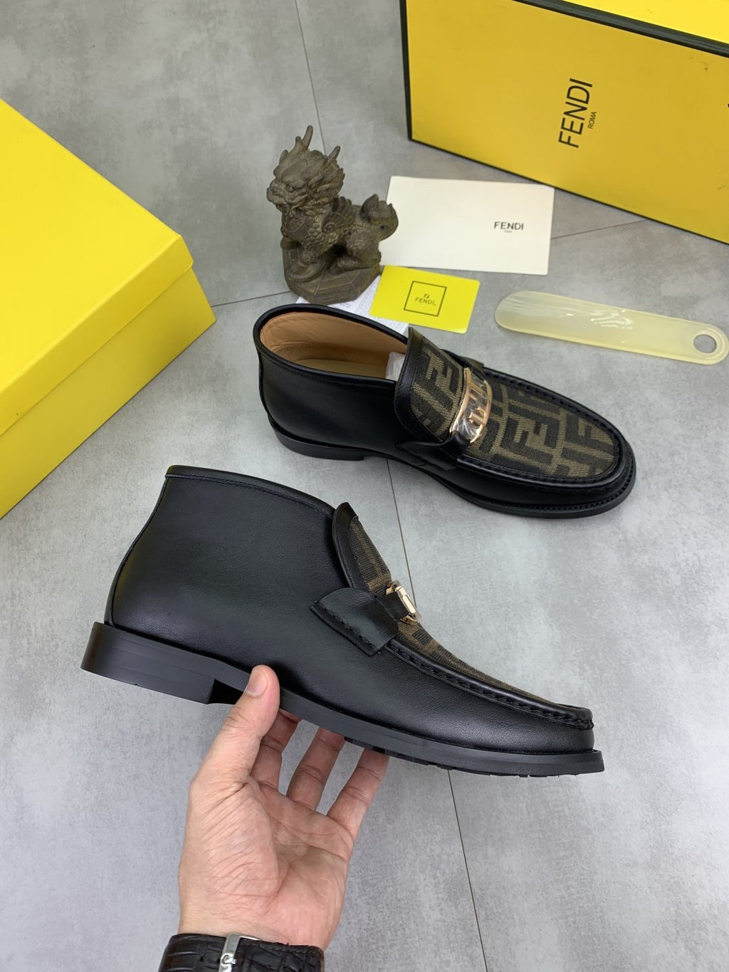 Fendi Men's Black and Brown Monogram Buckle Ankle Boots