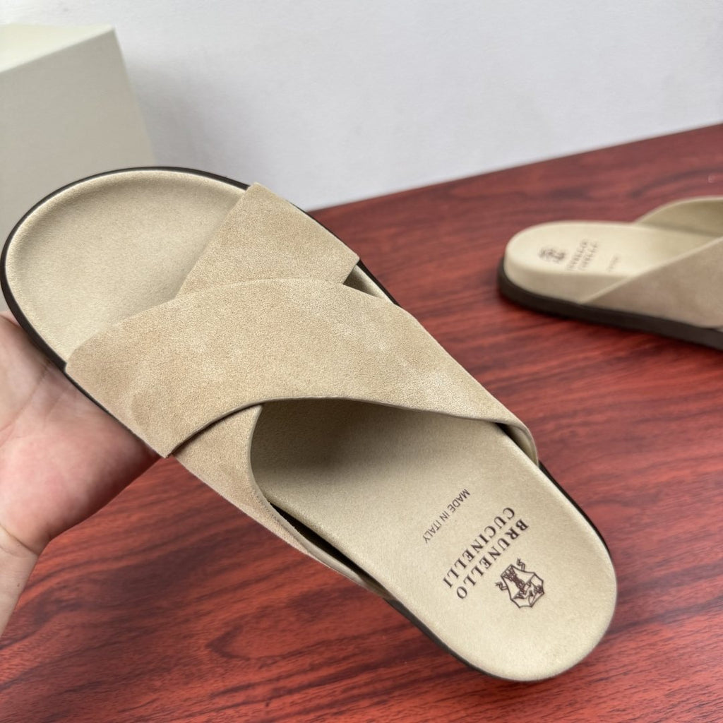Brunello Cucinelli Men's Cross-Strap Slide Sandals - Low-Profile Dark Sole