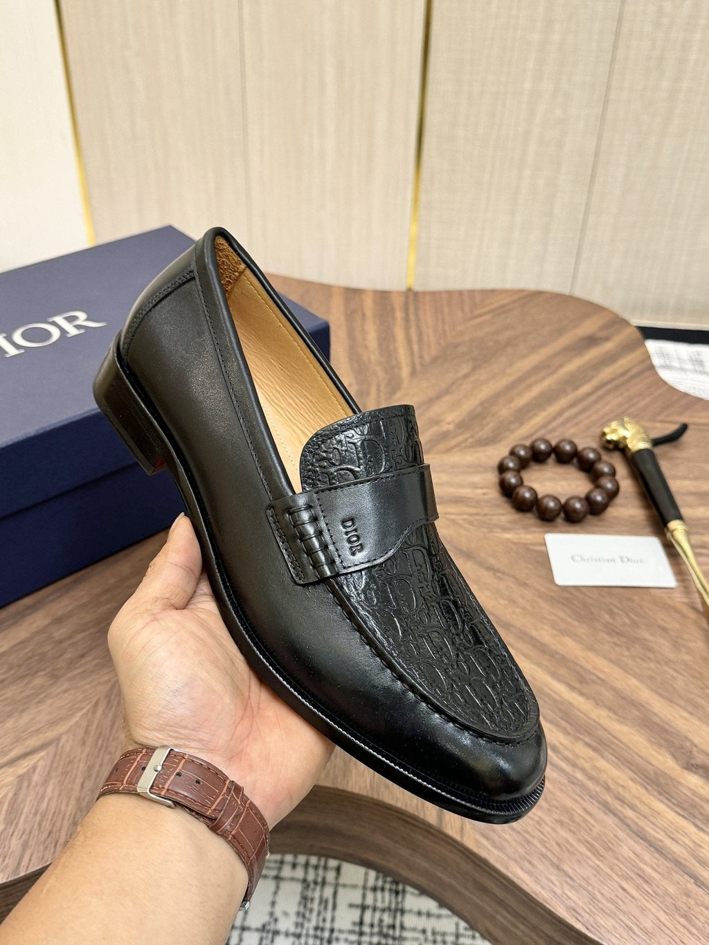 Dior Textured Leather Loafers - Black and Dark Gray