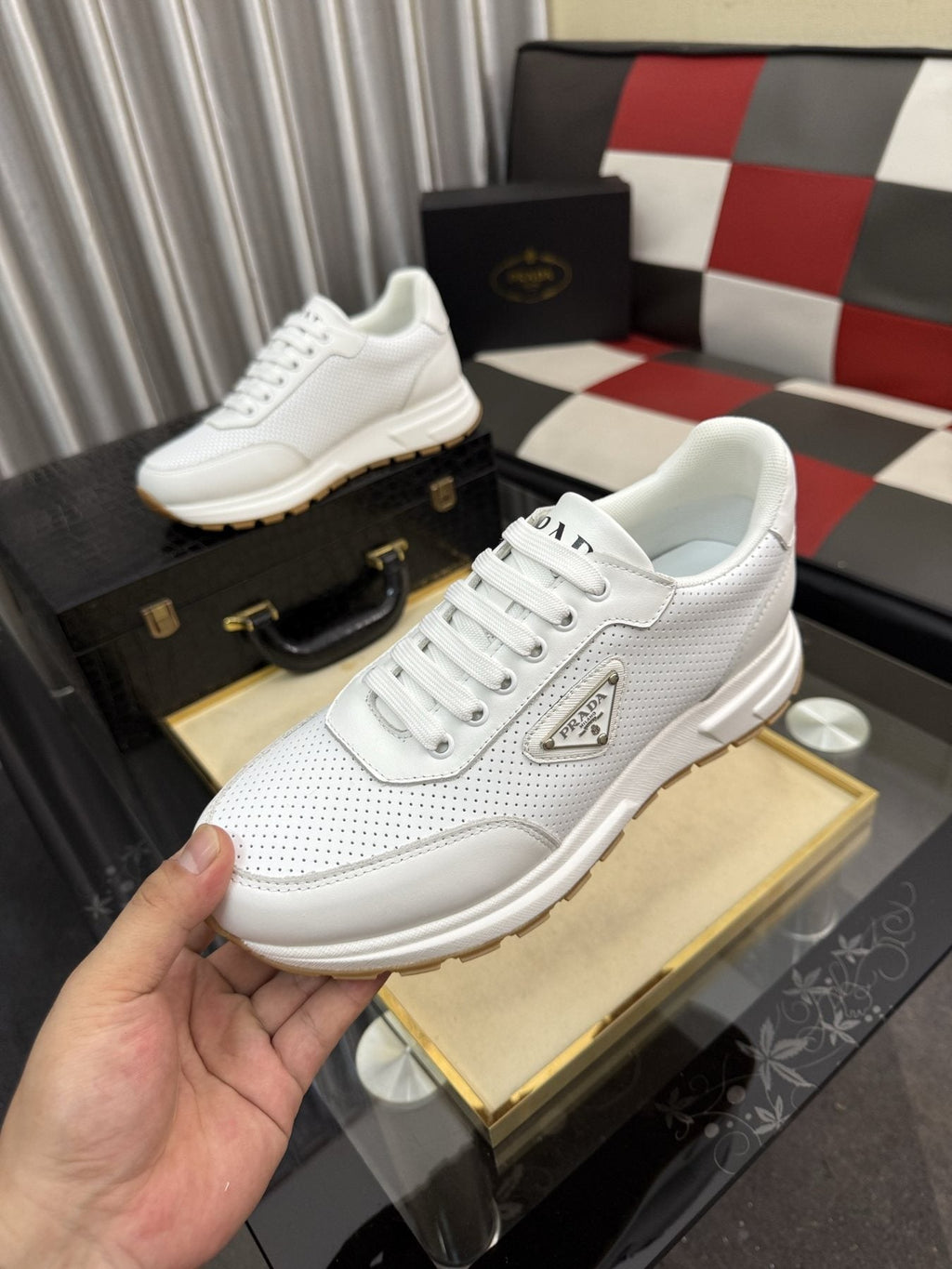 Prada Men's Triangle Plaque Lace-Up Sneakers