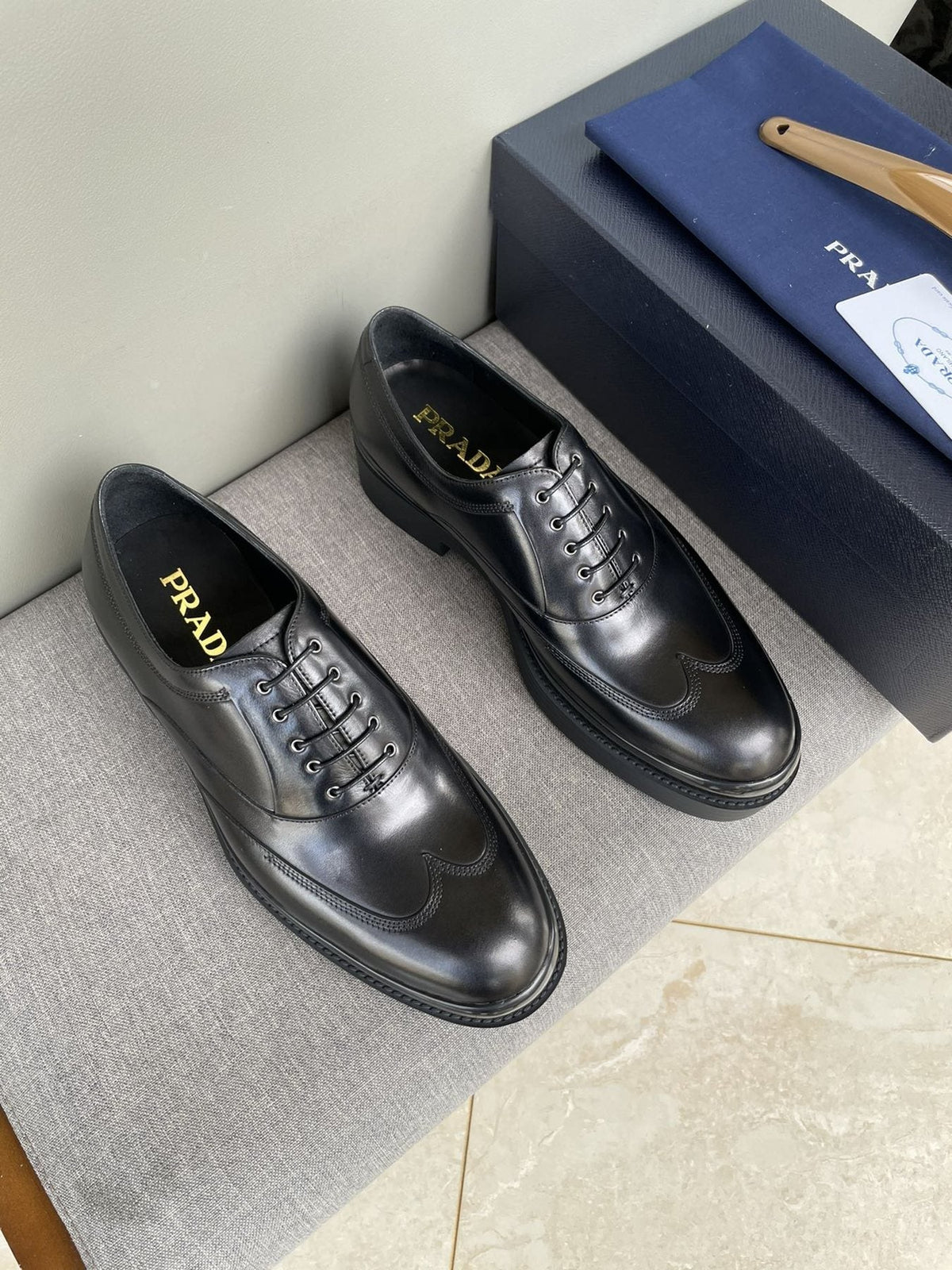 Prada Black Brogue Lace-Up Dress Shoes - Leather Lining