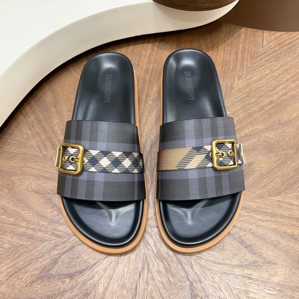 Plaid Buckle Slide Sandals