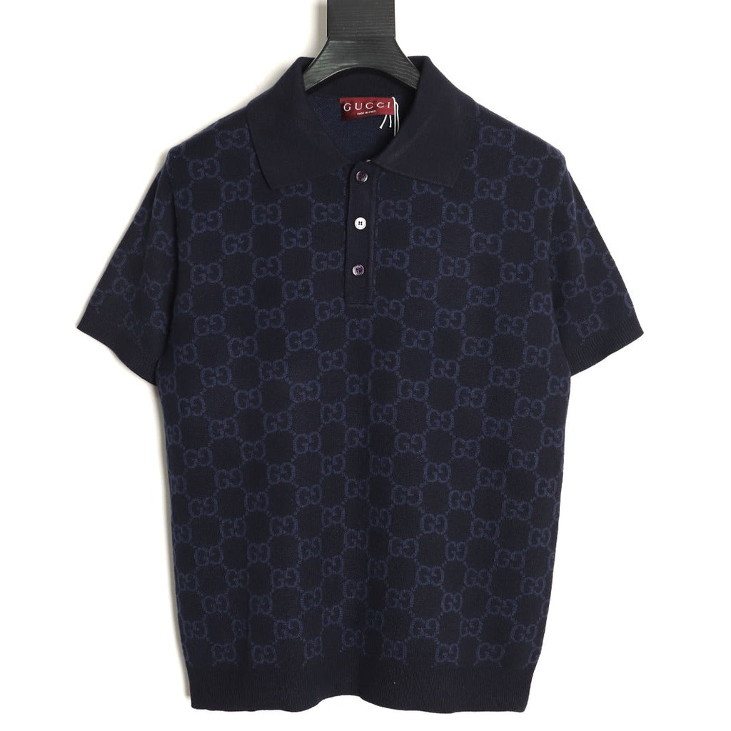 Gucci Tonal Allover-Pattern Short-Sleeve Knit Polo Shirt - Navy